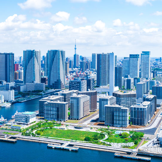 Park, river and skyscrapers in the background